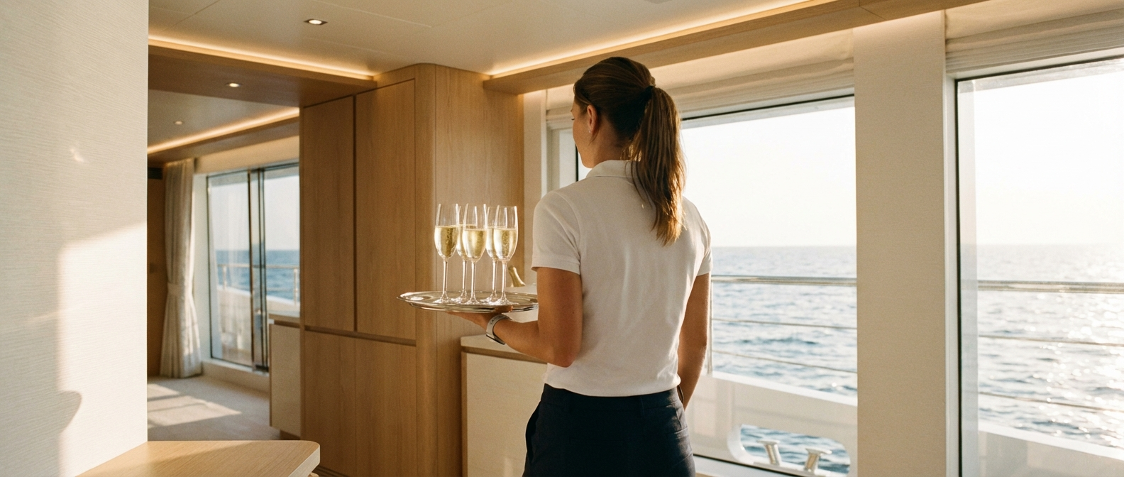 Stewardess serving on modern superyacht with OBEDIO smartwatch