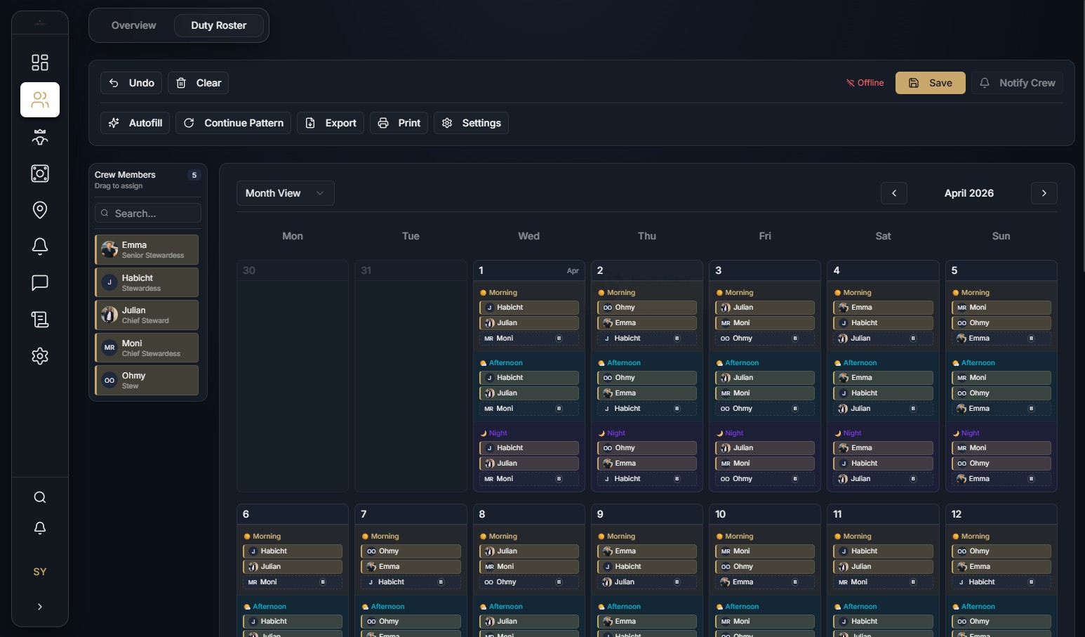 OBEDIO Duty Roster - monthly calendar with shift scheduling