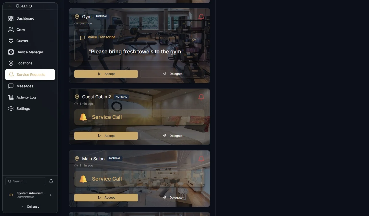 OBEDIO Service Requests - voice transcripts with accept and delegate