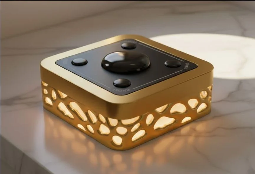 Final CNC machined OBEDIO SmartButton in polished brass with LED diffuser