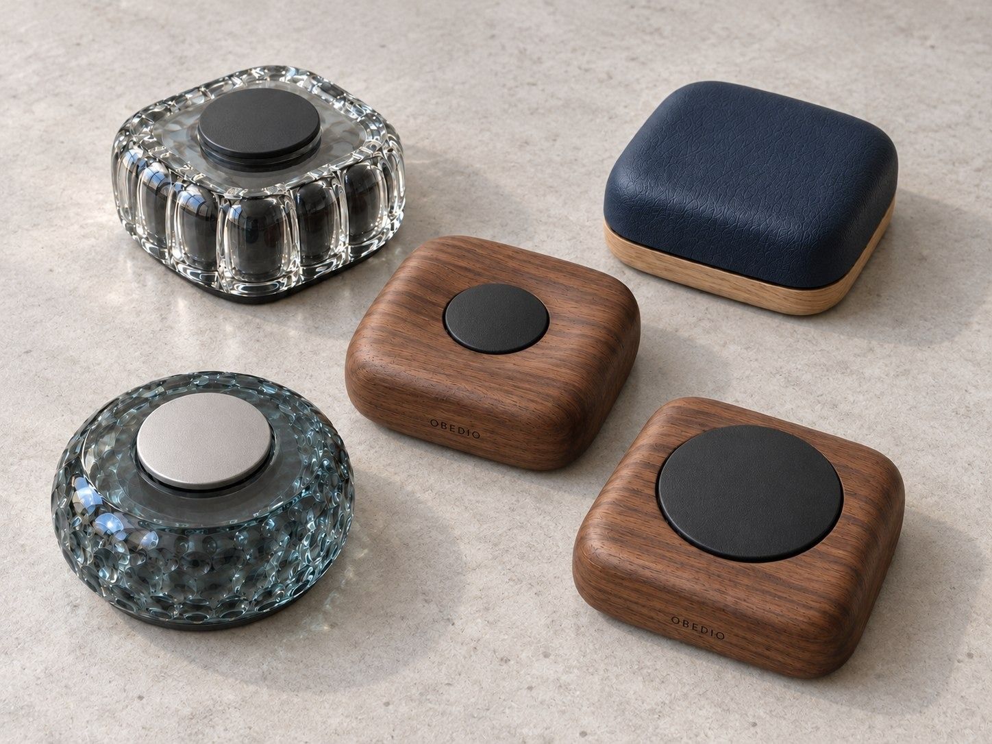 OBEDIO bespoke design studies with wood, glass and leather outer forms