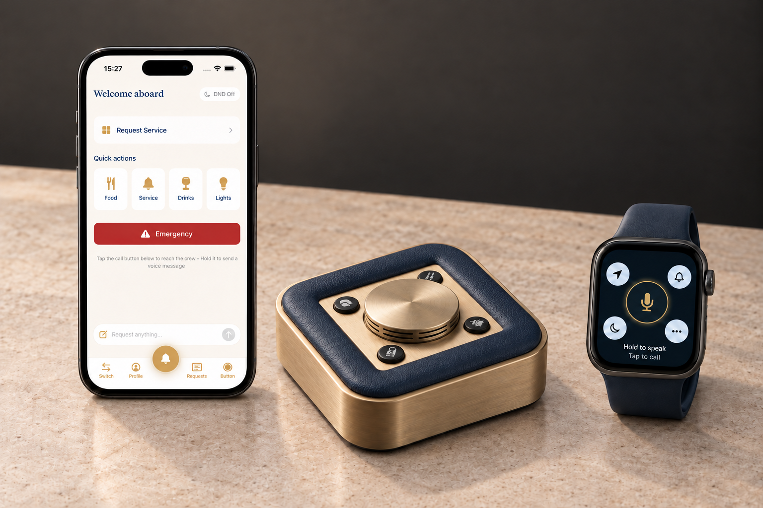 Illustrative composition: Guest phone on the left, Signature SmartButton in the centre, Guest watch on the right