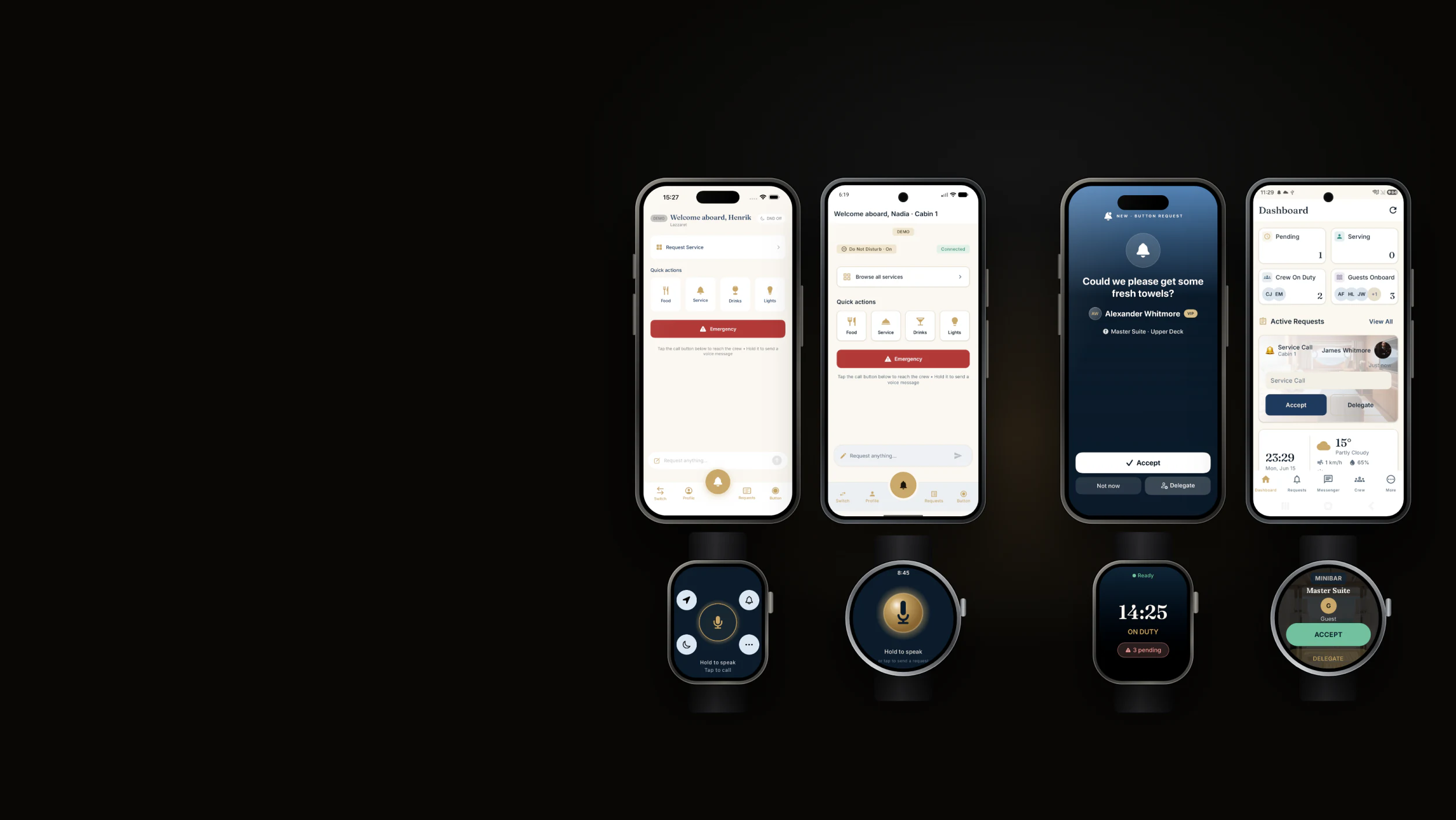 OBEDIO Guest and OBEDIO Crew apps on iPhone, Android, Apple Watch and Wear OS