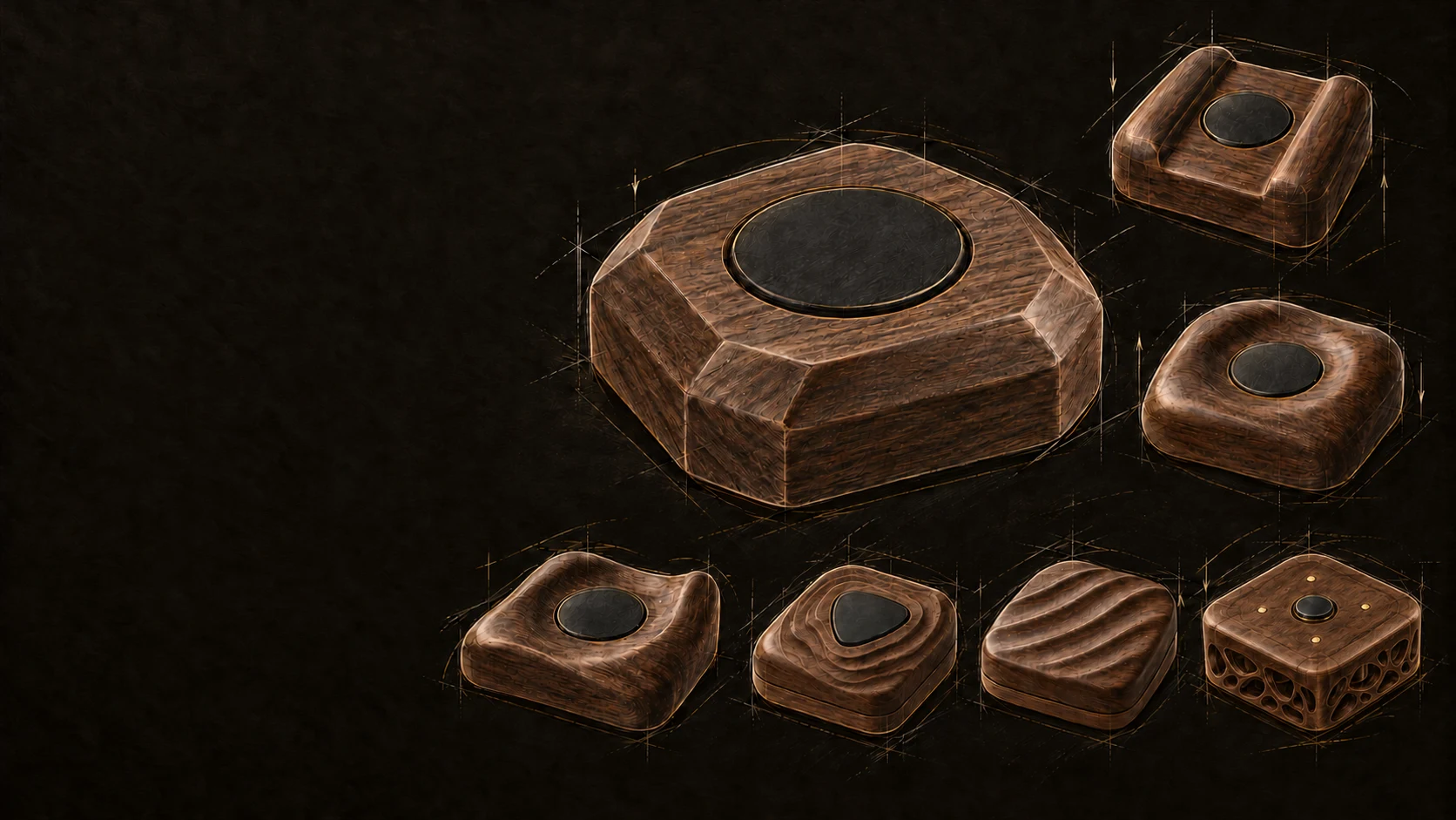 Hand drawn design sketches of bespoke wooden OBEDIO buttons in different sculptural forms, including faceted, layered, wave and open lattice shell forms