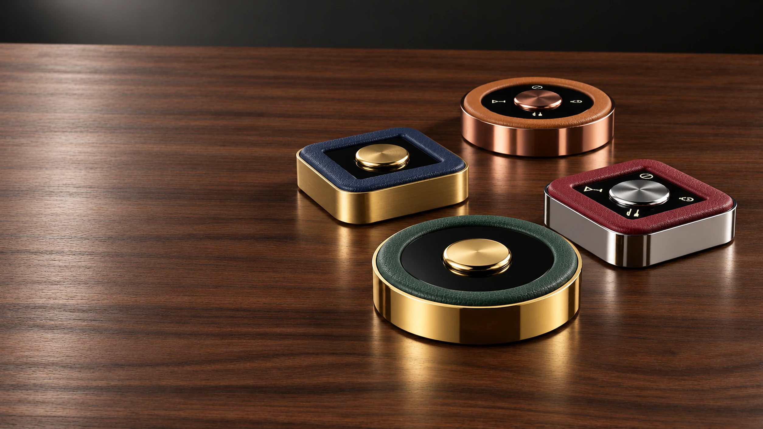 OBEDIO Signature V3 round and square buttons in 24k gold, bronze and stainless steel on a walnut table