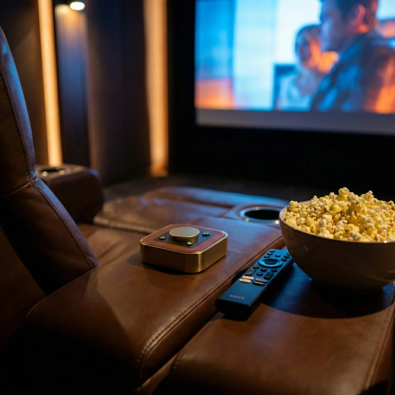 OBEDIO SmartButton in yacht cinema - leather armrest, movie screen