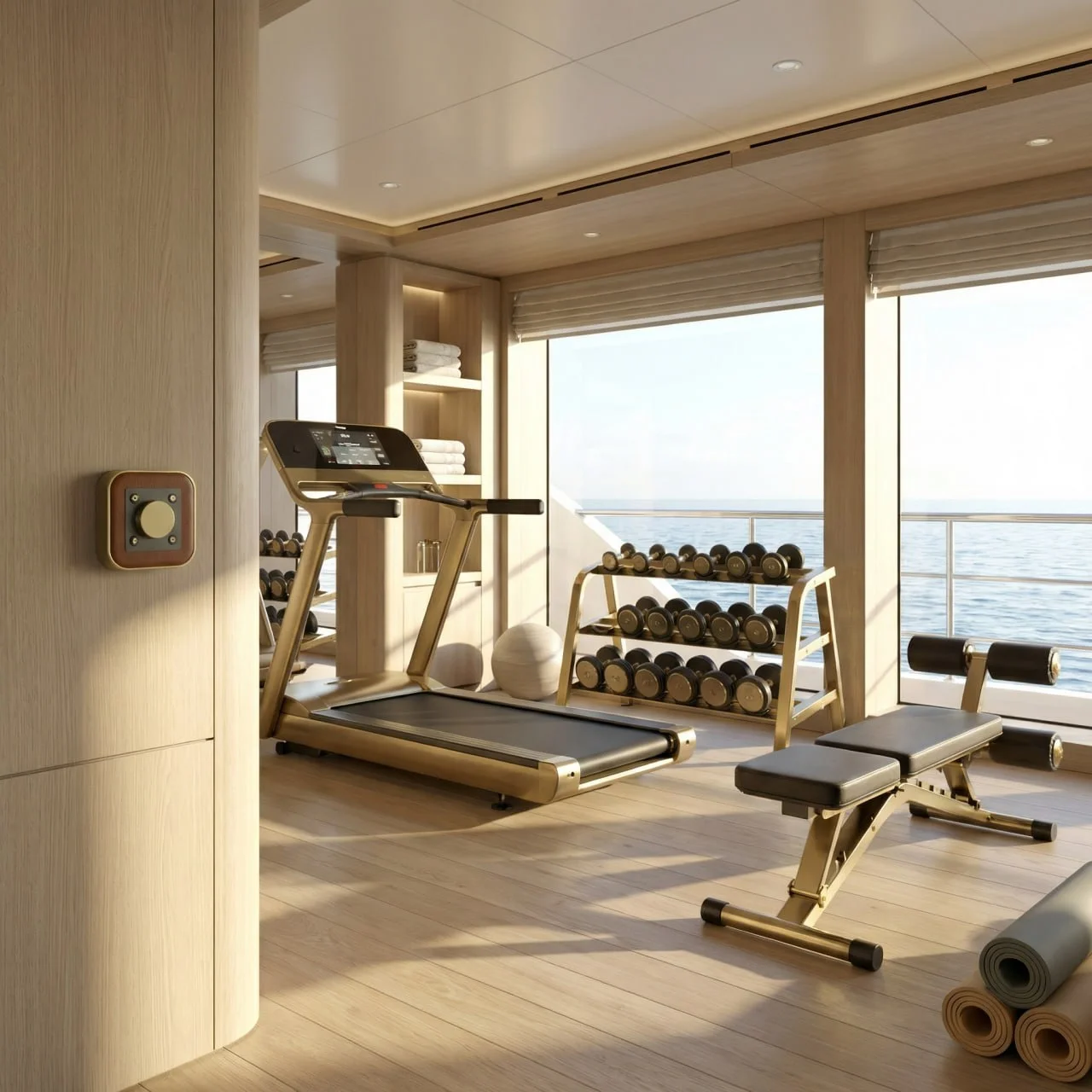 OBEDIO SmartButton wall-mounted in yacht gym with ocean view