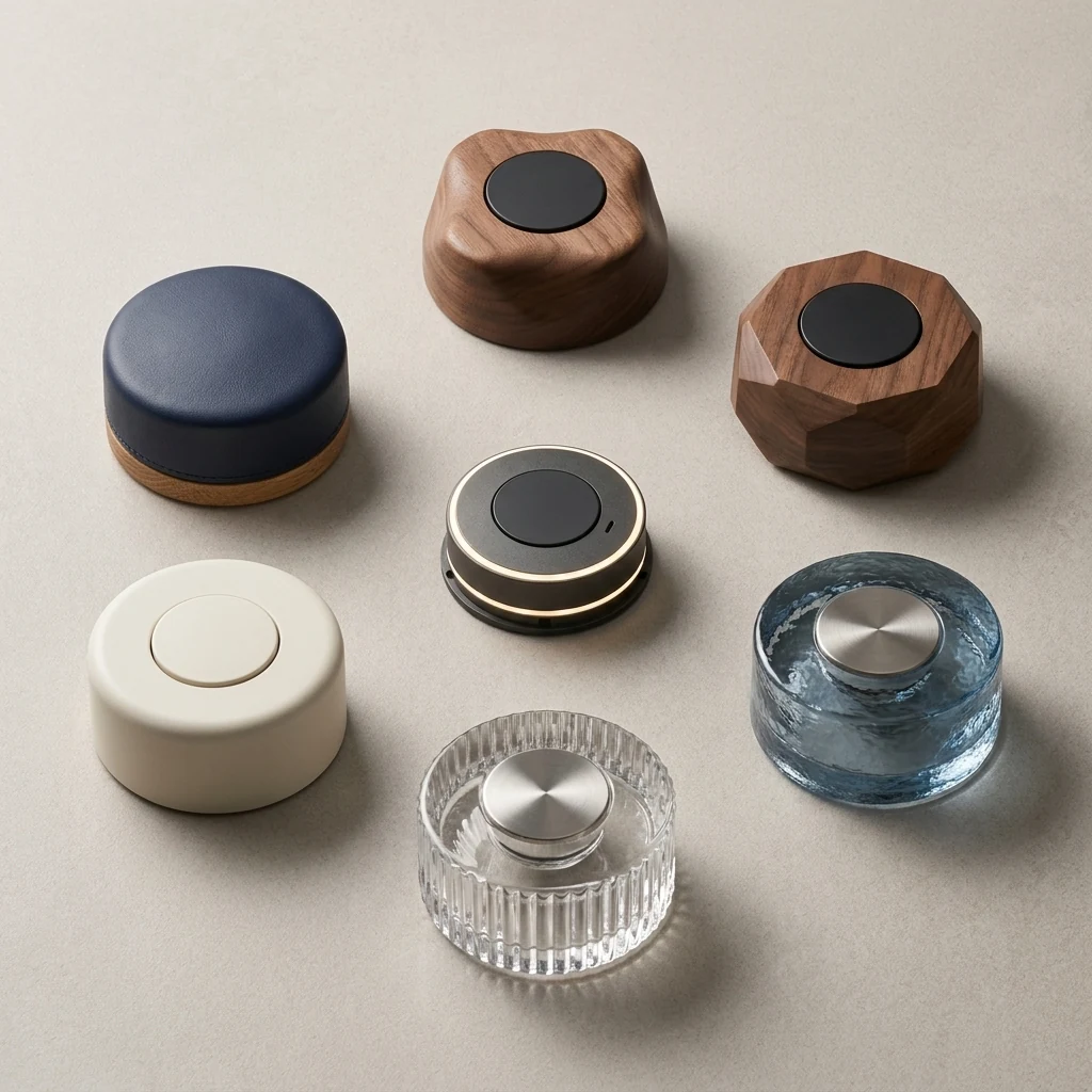 The OBEDIO core in the centre, surrounded by walnut, glass, leather and ivory shells that are built around it