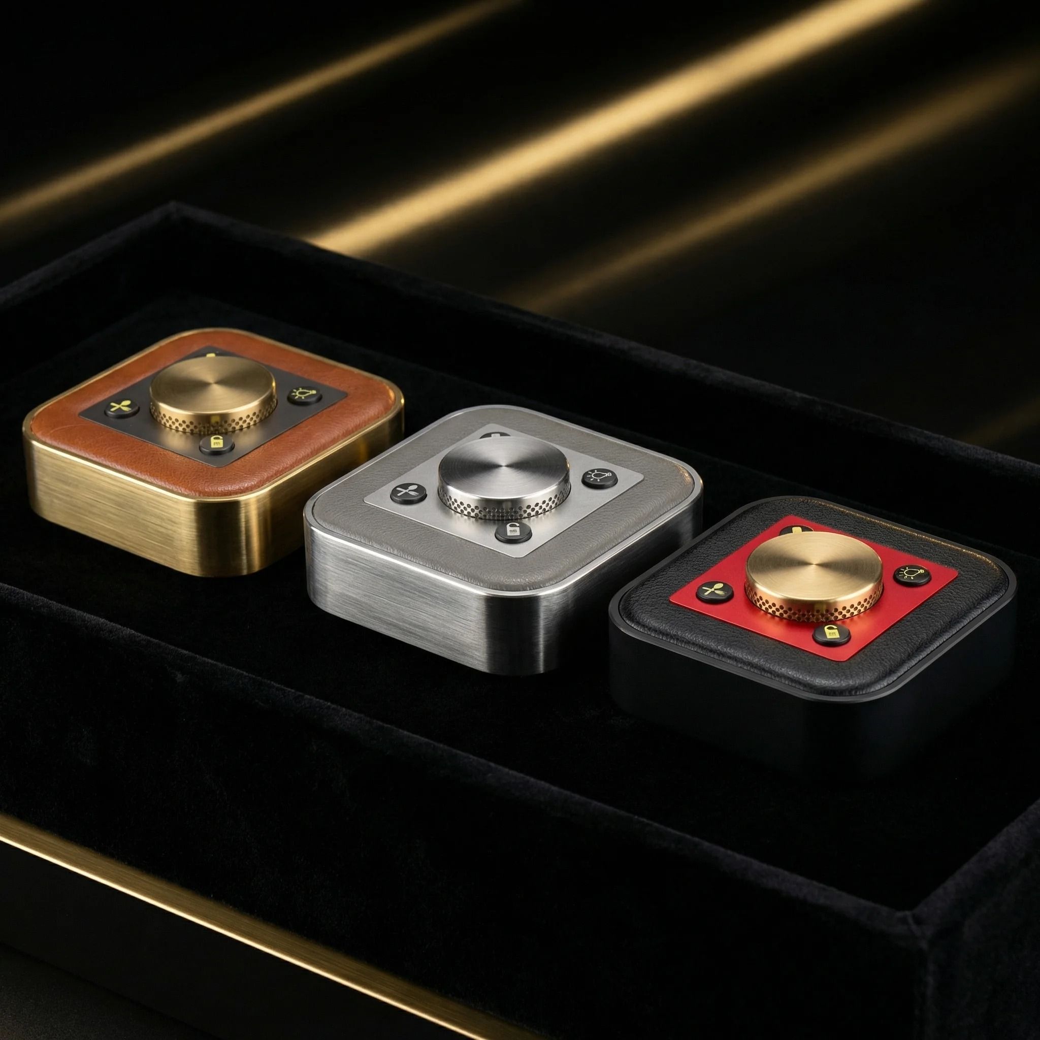 Three Signature buttons with different material and finish combinations